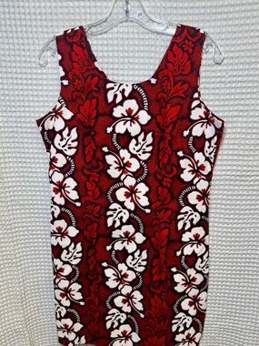 Ky’s Made in Hawaii Red & White Hibiscus Panel Cotten Tank Dress, Size Large